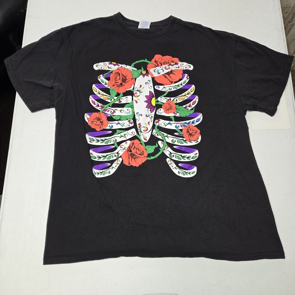 Delta Black Tee with Ribcage and Floral Design